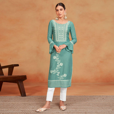 green-casual-wear-embroidered-pure-rayon-viscose-kurti-134988