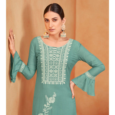 green-casual-wear-embroidered-pure-rayon-viscose-kurti-134988