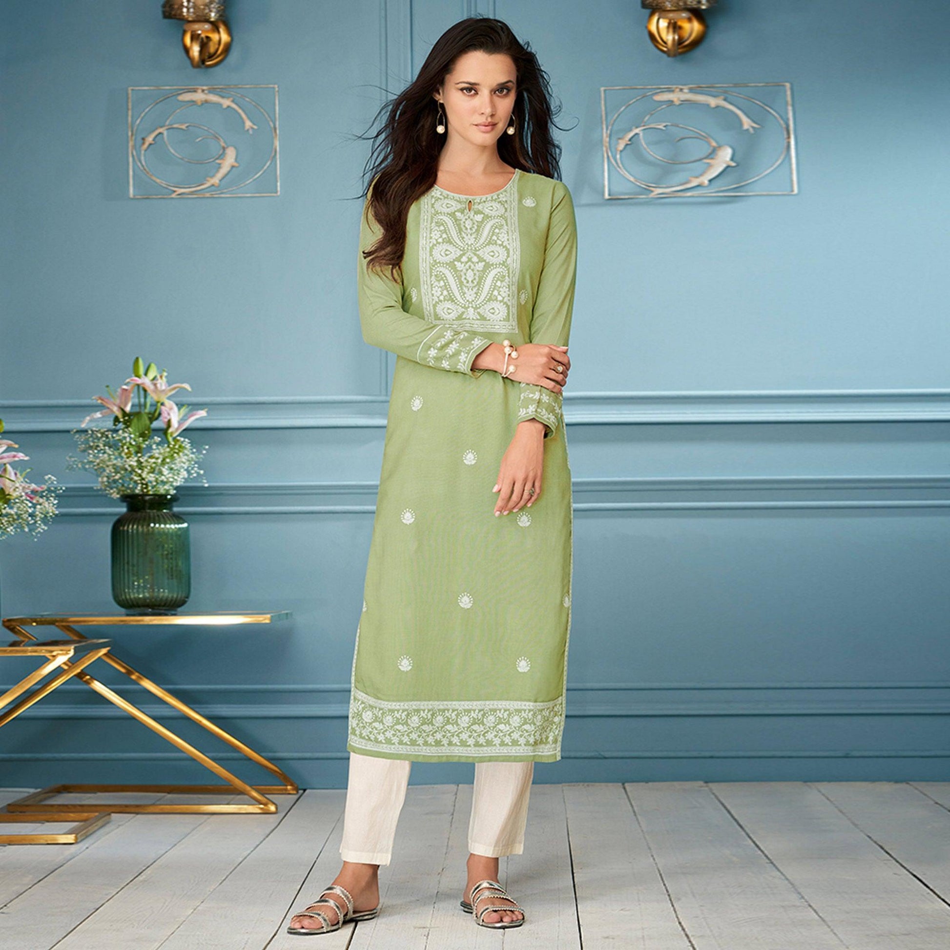 green-casual-wear-embroidered-rayon-kurti-142244