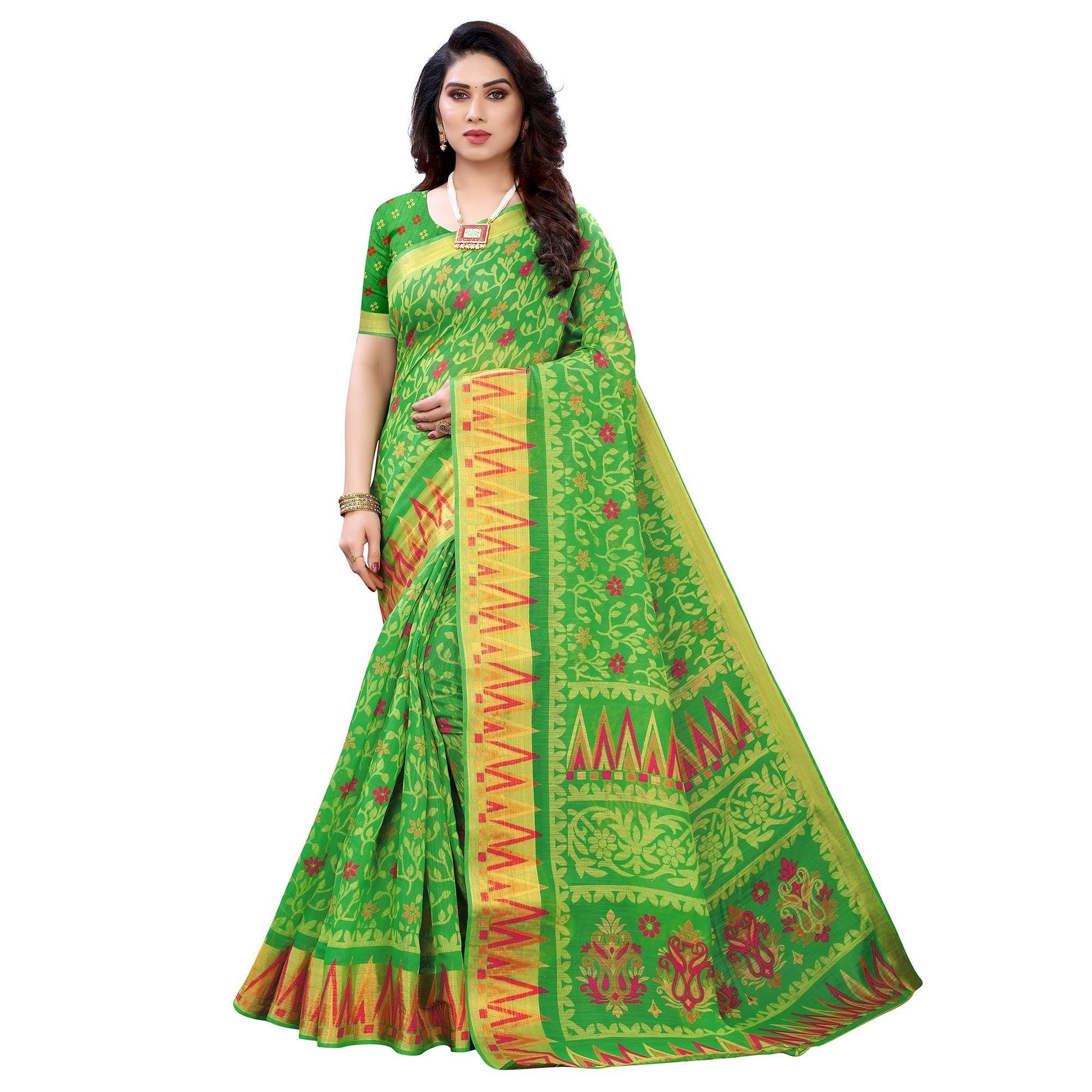 green-casual-wear-fancy-printed-heavy-linen-saree-with-zari-border-114047