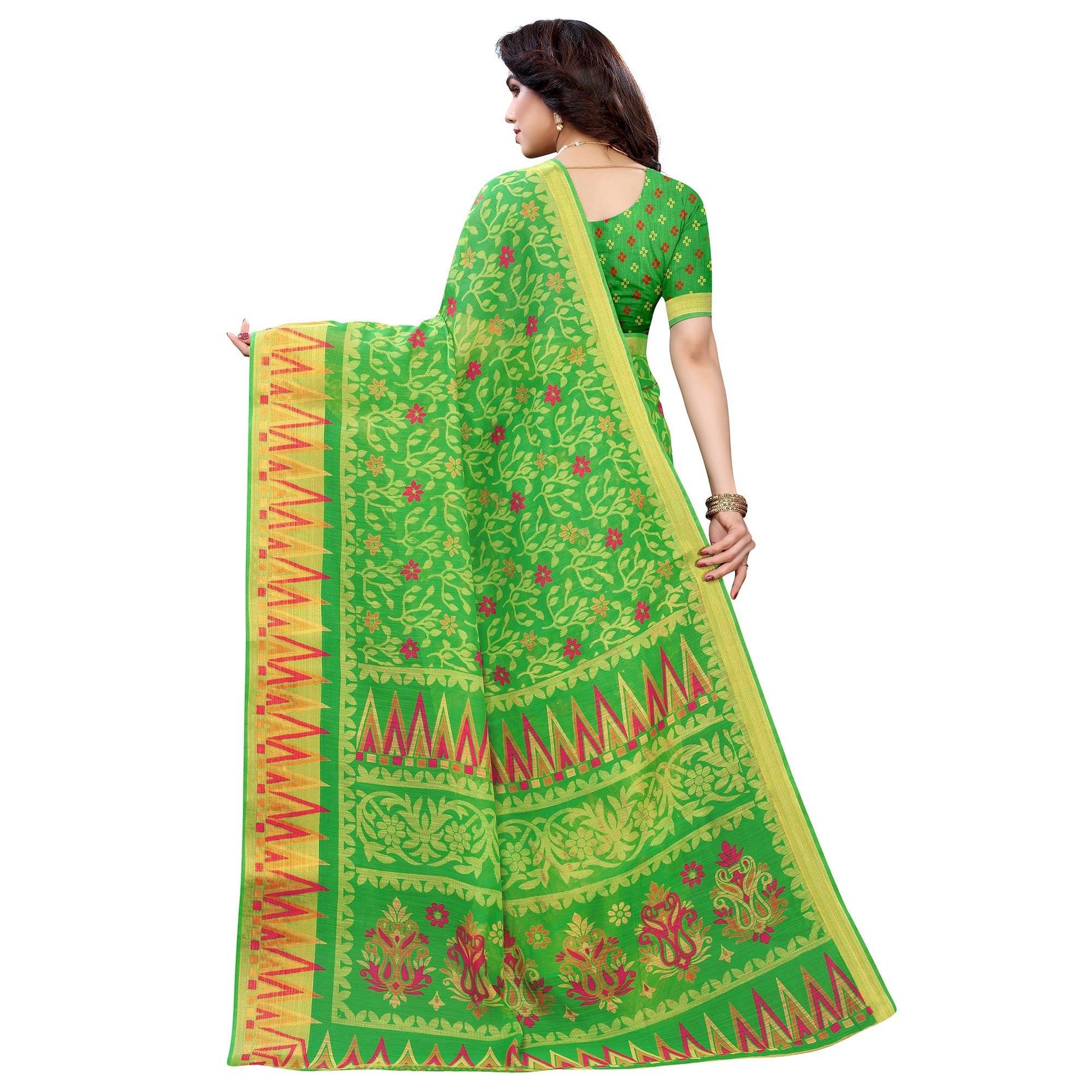 green-casual-wear-fancy-printed-heavy-linen-saree-with-zari-border-114047