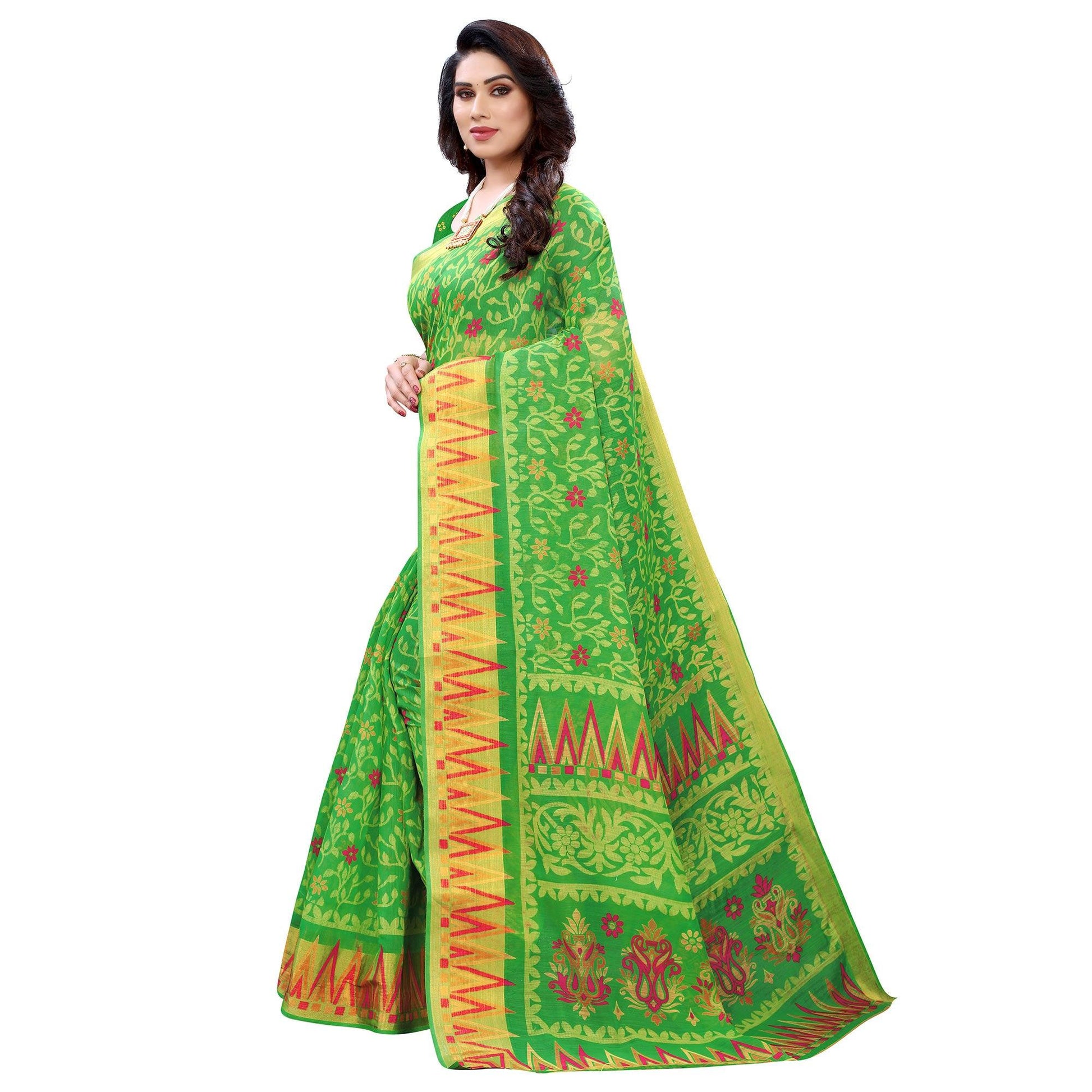green-casual-wear-fancy-printed-heavy-linen-saree-with-zari-border-114047