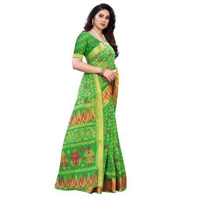 green-casual-wear-fancy-printed-heavy-linen-saree-with-zari-border-114047
