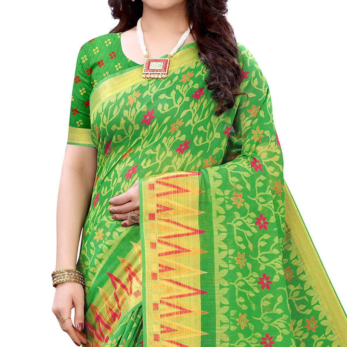 green-casual-wear-fancy-printed-heavy-linen-saree-with-zari-border-114047