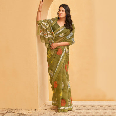 green-casual-wear-fancy-printed-linen-saree-127850