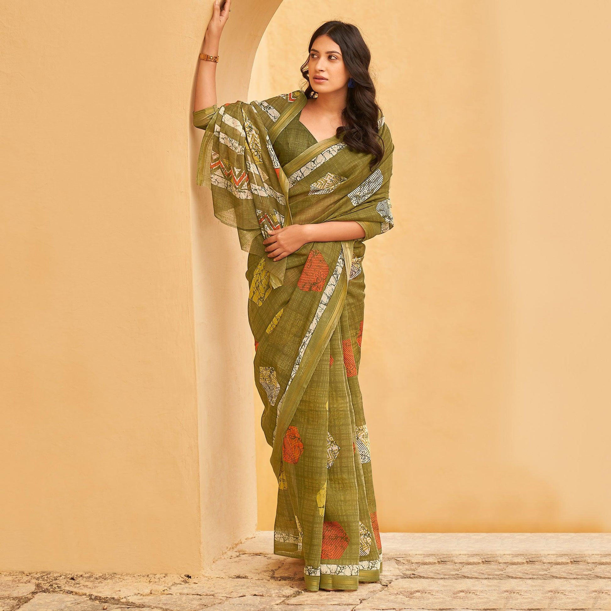 green-casual-wear-fancy-printed-linen-saree-127850