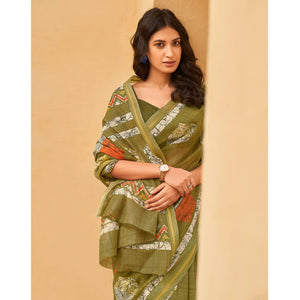 green-casual-wear-fancy-printed-linen-saree-127850