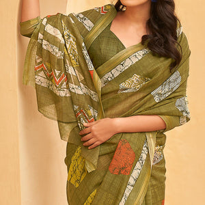 green-casual-wear-fancy-printed-linen-saree-127850