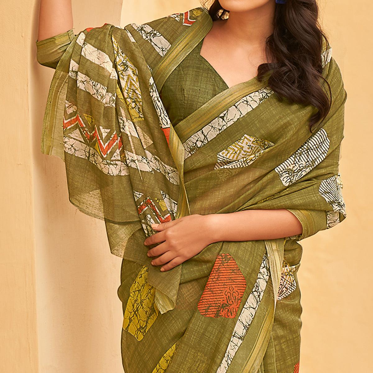 green-casual-wear-fancy-printed-linen-saree-127850