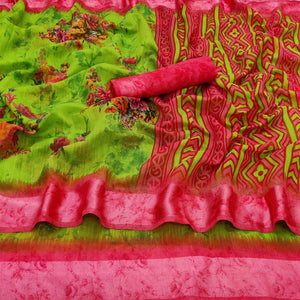 green-casual-wear-floral-digital-printed-linen-saree-123811