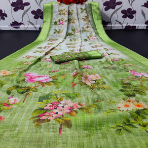 green-casual-wear-floral-digital-printed-linen-saree-with-satin-border-113276