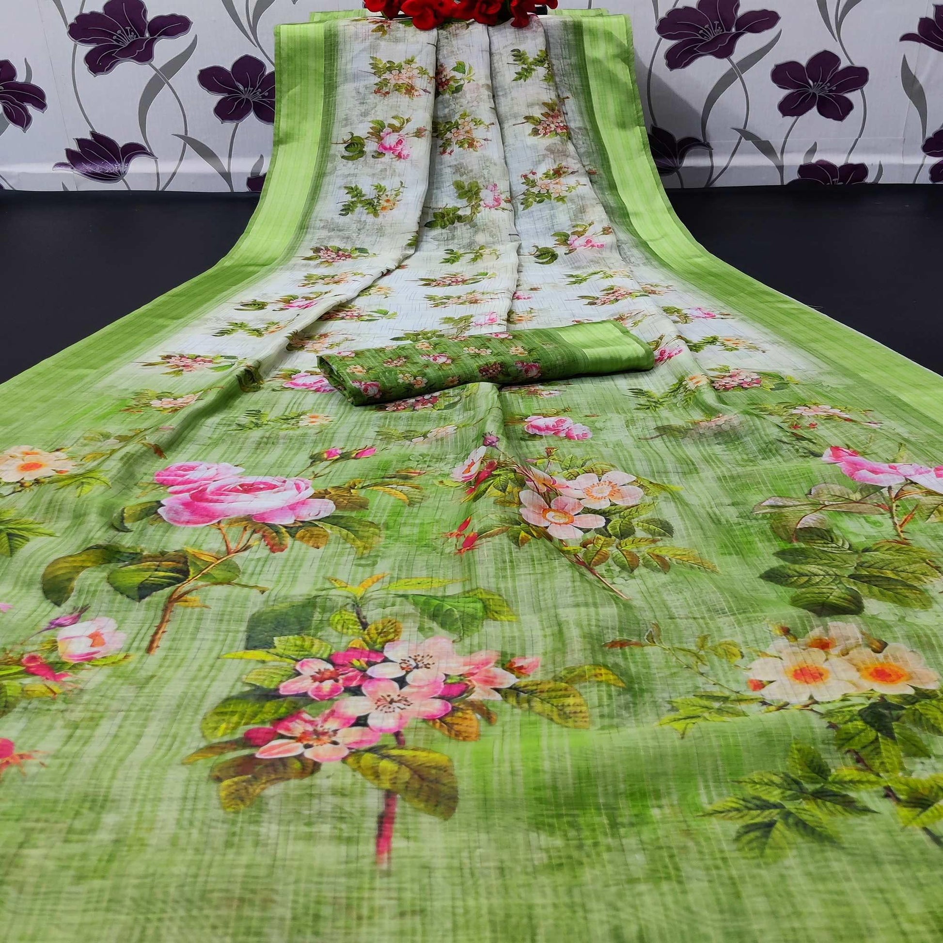 green-casual-wear-floral-digital-printed-linen-saree-with-satin-border-113276
