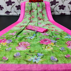 green-casual-wear-floral-digital-printed-linen-saree-with-satin-border-113274