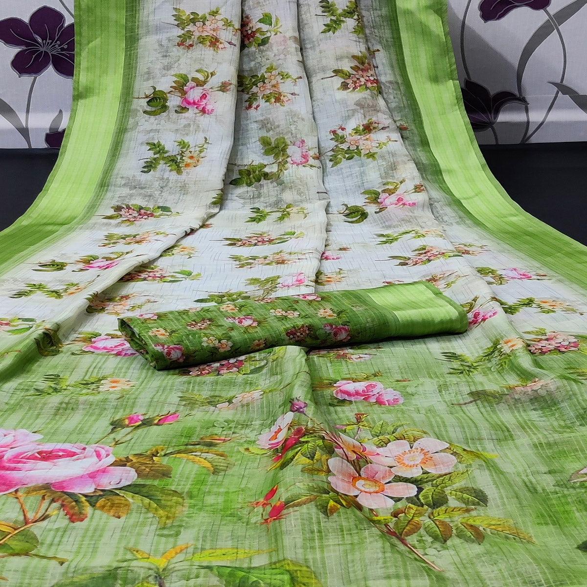 green-casual-wear-floral-digital-printed-linen-saree-with-satin-border-113276