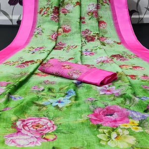 green-casual-wear-floral-digital-printed-linen-saree-with-satin-border-113274