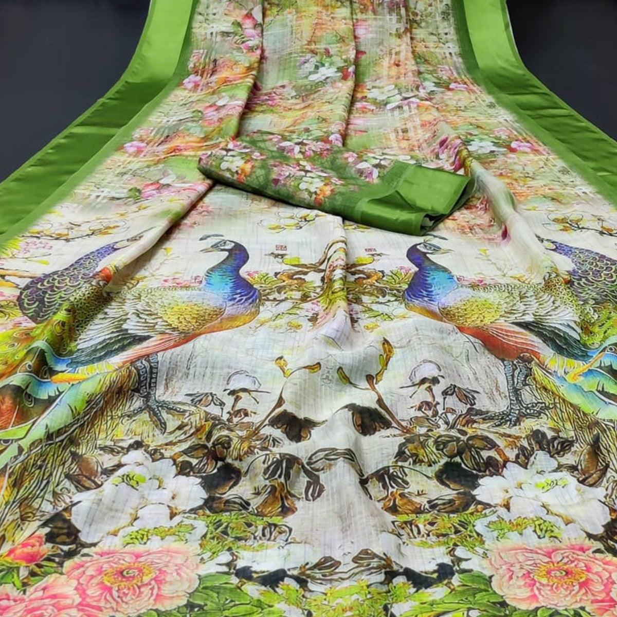 green-casual-wear-floral-digital-printed-linen-saree-with-satin-border-114821