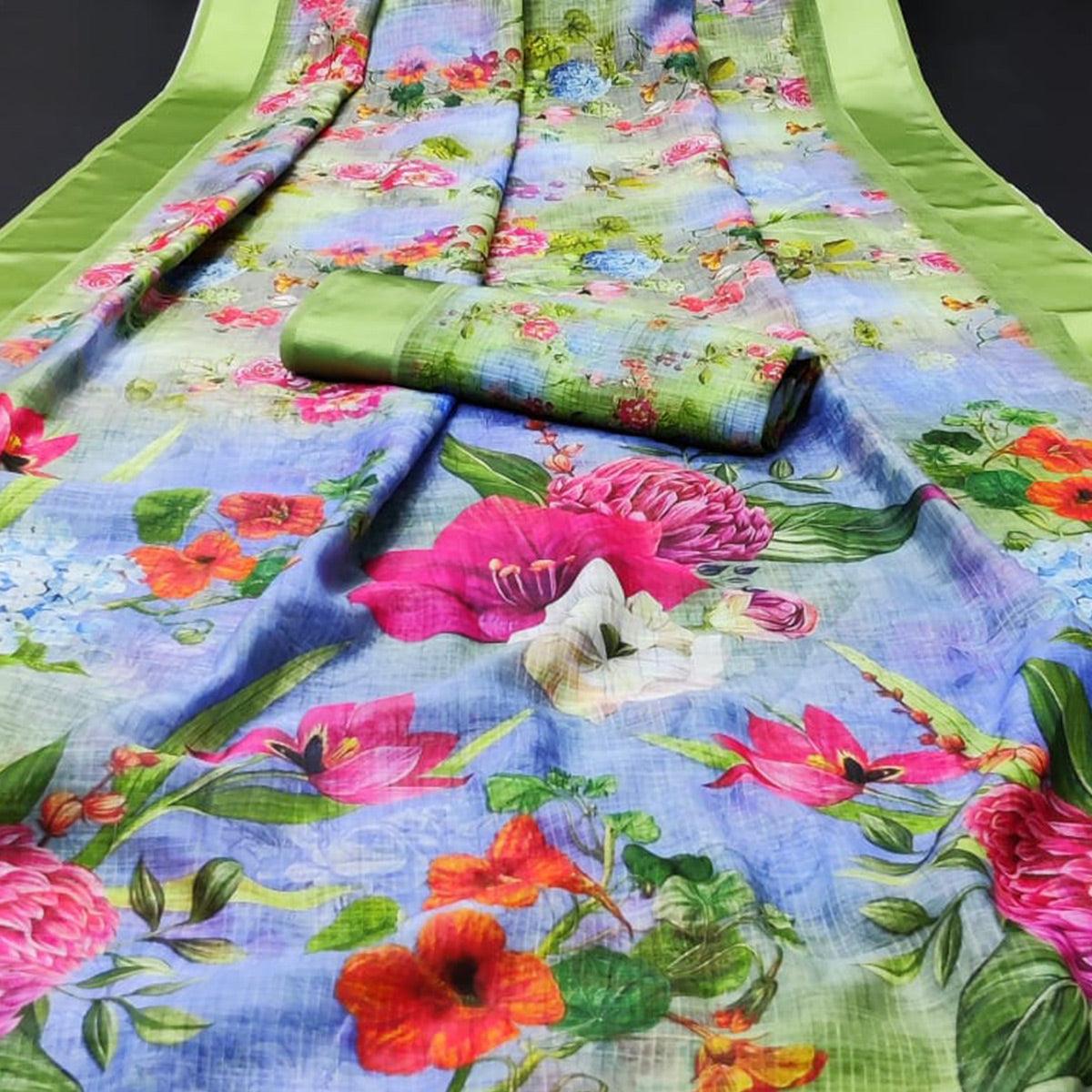 green-casual-wear-floral-digital-printed-linen-saree-with-satin-border-114820