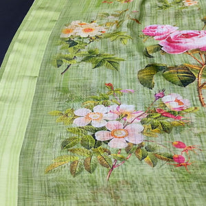 green-casual-wear-floral-digital-printed-linen-saree-with-satin-border-113276