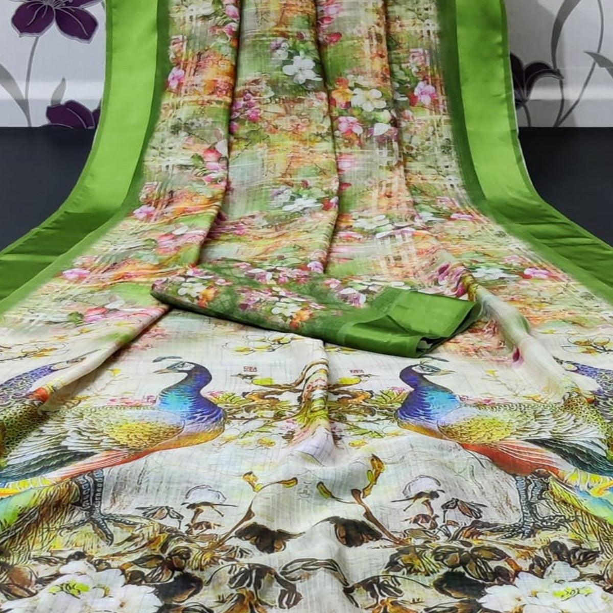 green-casual-wear-floral-digital-printed-linen-saree-with-satin-border-114821