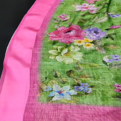 green-casual-wear-floral-digital-printed-linen-saree-with-satin-border-113274