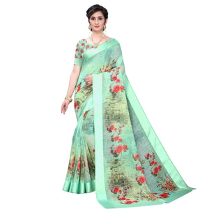 green-casual-wear-floral-digital-printed-linen-slub-saree-119149