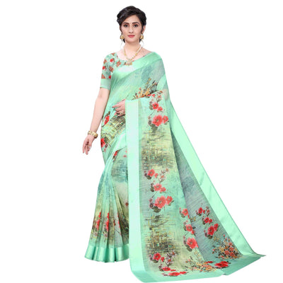 green-casual-wear-floral-digital-printed-linen-slub-saree-119149