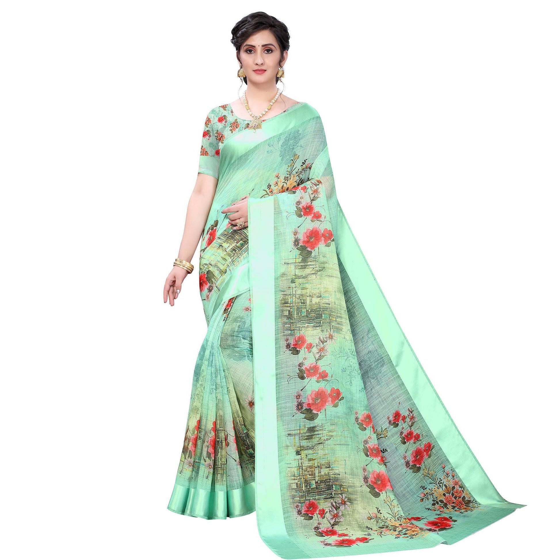 green-casual-wear-floral-digital-printed-linen-slub-saree-119149