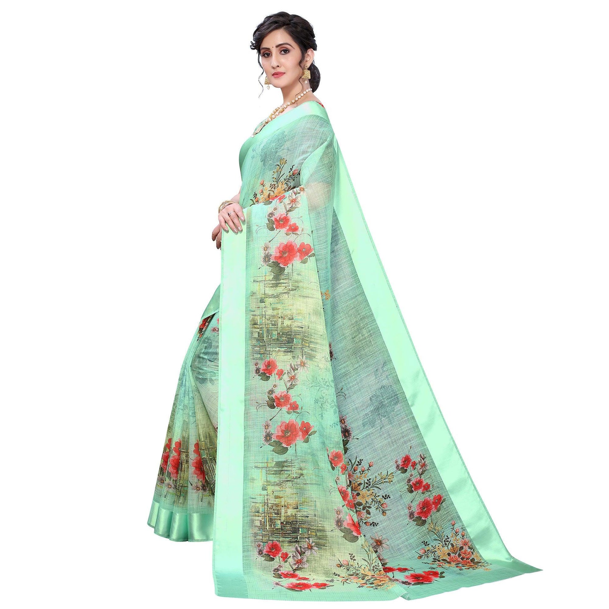 green-casual-wear-floral-digital-printed-linen-slub-saree-119149
