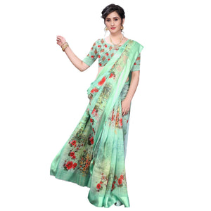 green-casual-wear-floral-digital-printed-linen-slub-saree-119149