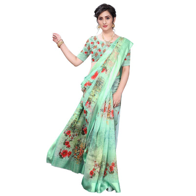 green-casual-wear-floral-digital-printed-linen-slub-saree-119149