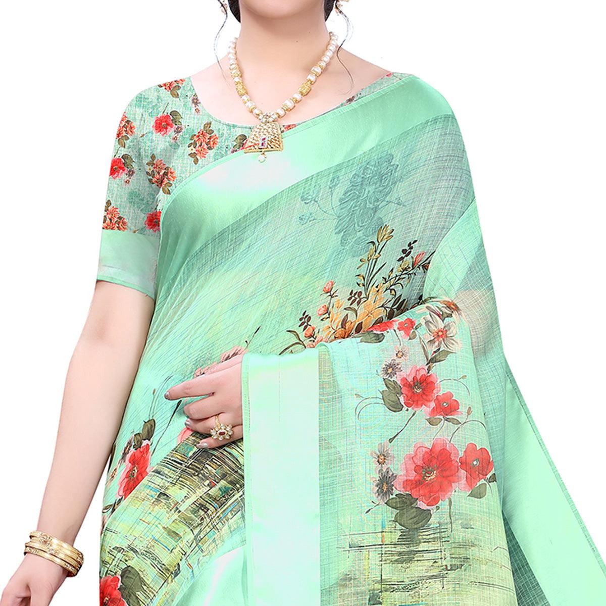green-casual-wear-floral-digital-printed-linen-slub-saree-119149