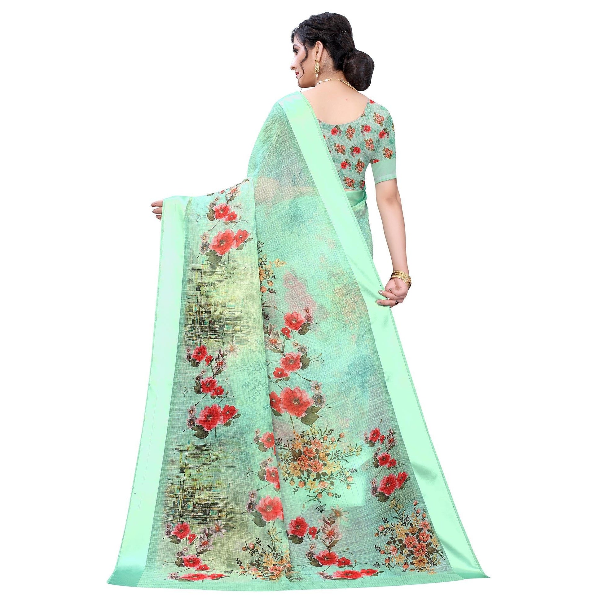 green-casual-wear-floral-digital-printed-linen-slub-saree-119149