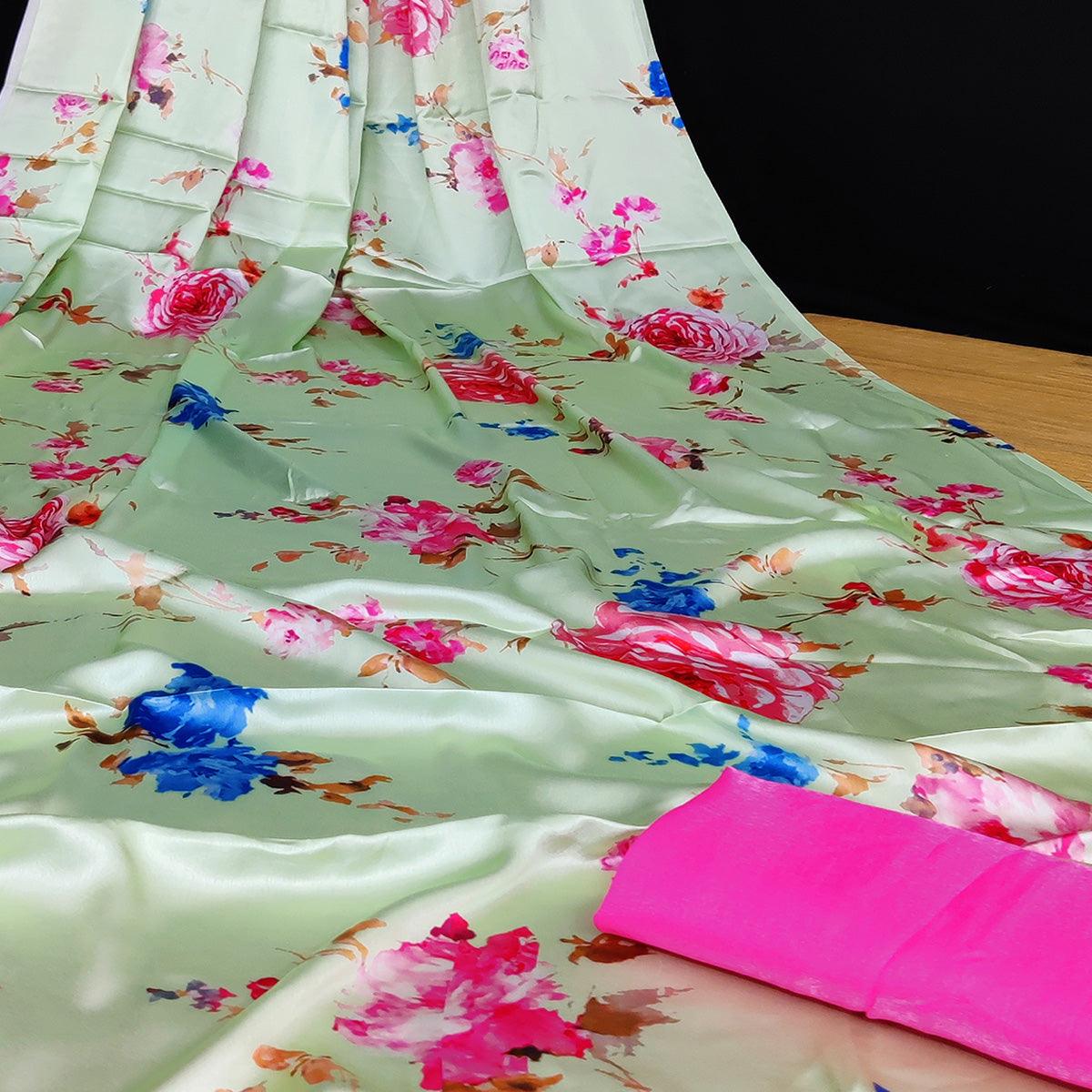green-casual-wear-floral-digital-printed-japan-satin-saree-108070