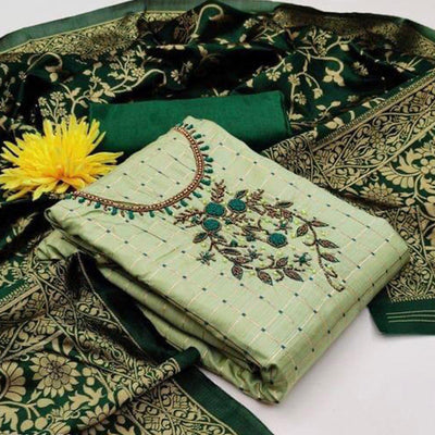 green-casual-wear-floral-embroidered-with-checks-banarasi-dress-material-107746