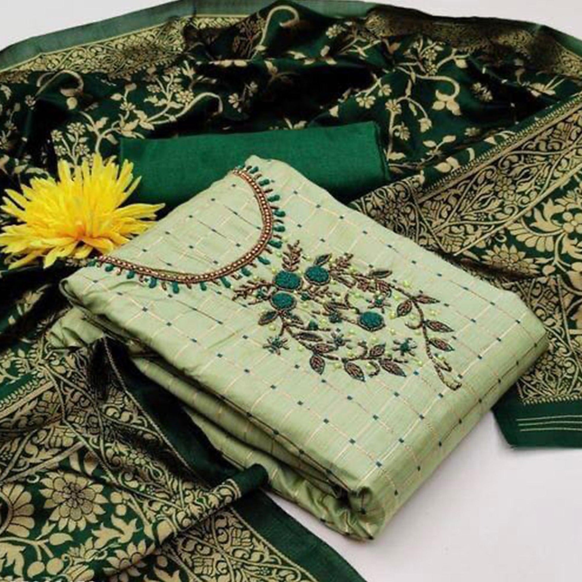 green-casual-wear-floral-embroidered-with-checks-banarasi-dress-material-107746