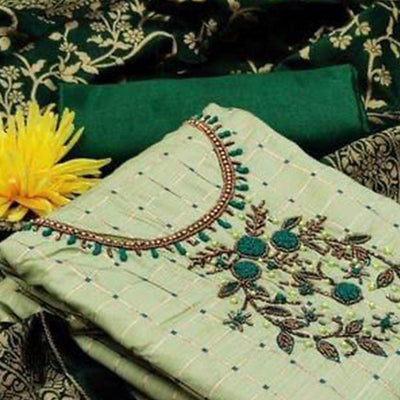 green-casual-wear-floral-embroidered-with-checks-banarasi-dress-material-107746