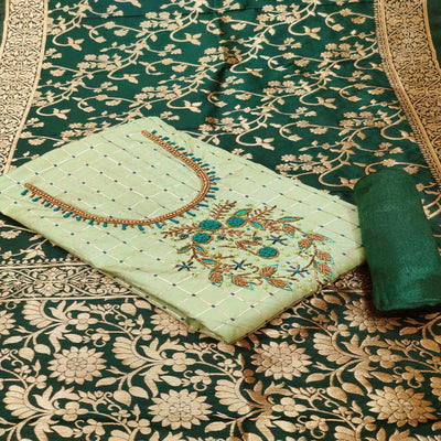 green-casual-wear-floral-embroidered-with-checks-banarasi-dress-material-107746