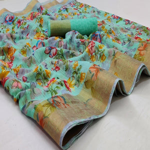 green-casual-wear-floral-mill-printed-cotton-saree-with-zari-border-134284
