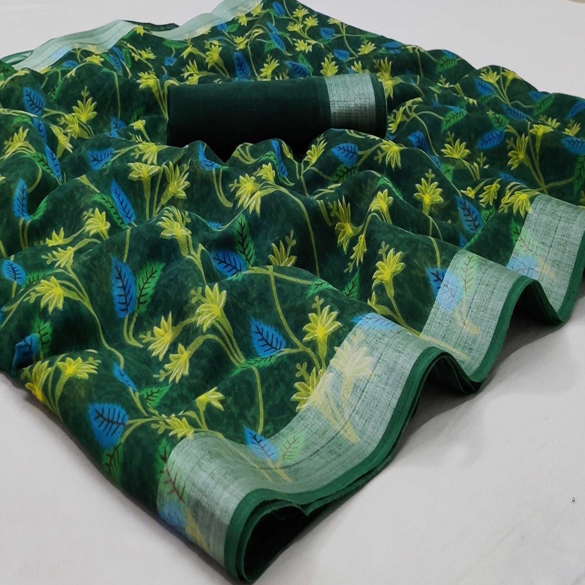 green-casual-wear-floral-mill-printed-cotton-saree-with-zari-border-134298