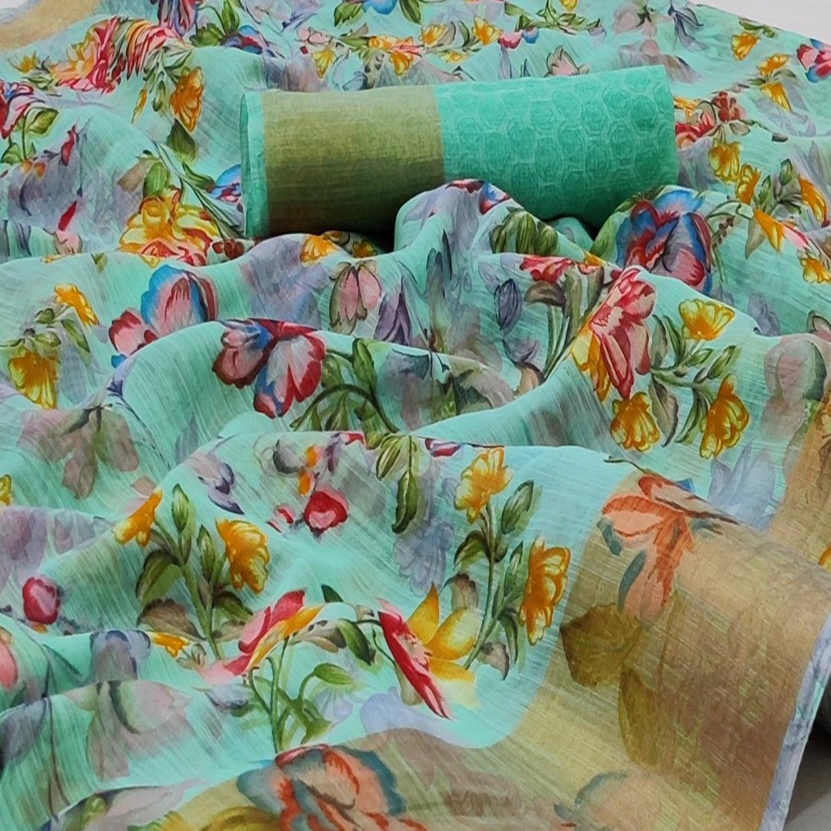green-casual-wear-floral-mill-printed-cotton-saree-with-zari-border-134284