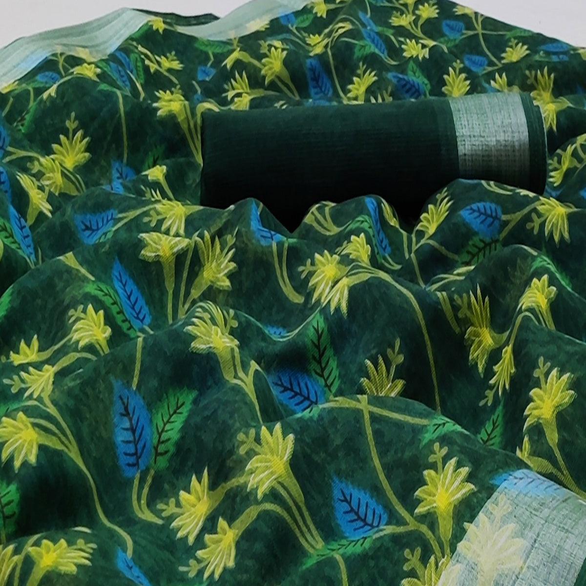 green-casual-wear-floral-mill-printed-cotton-saree-with-zari-border-134298
