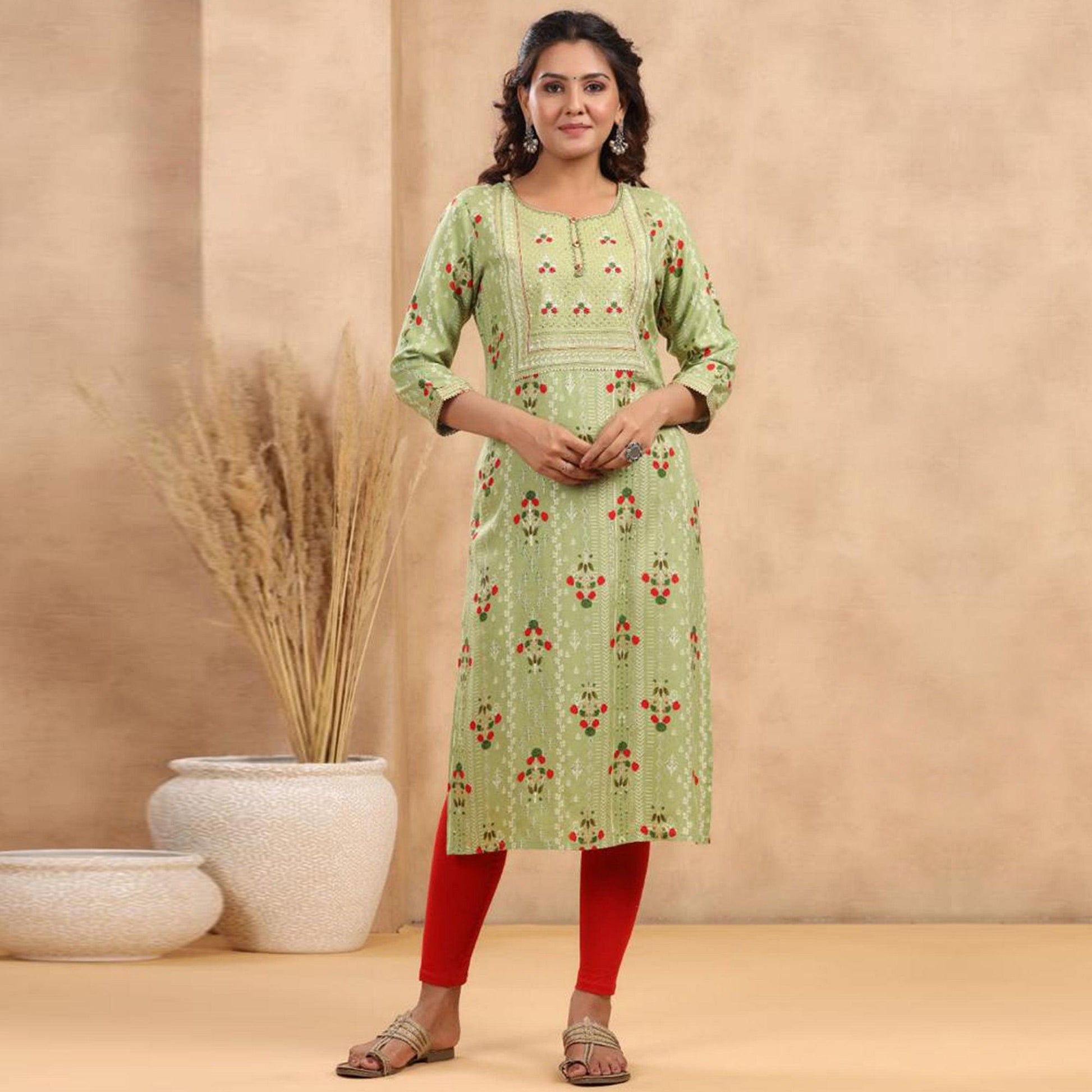 green-casual-wear-floral-print-with-sequence-rayon-kurti-141974