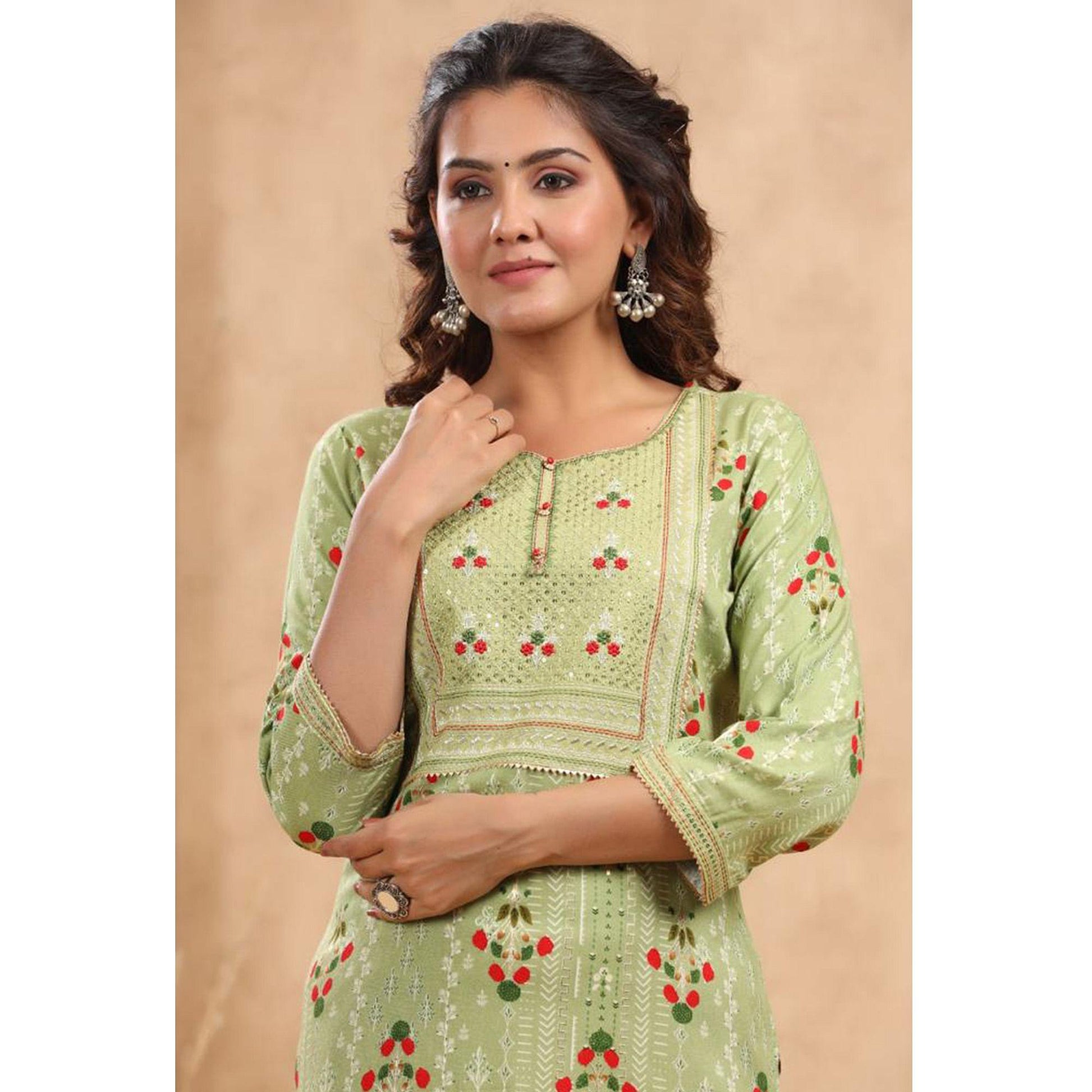 green-casual-wear-floral-print-with-sequence-rayon-kurti-141974