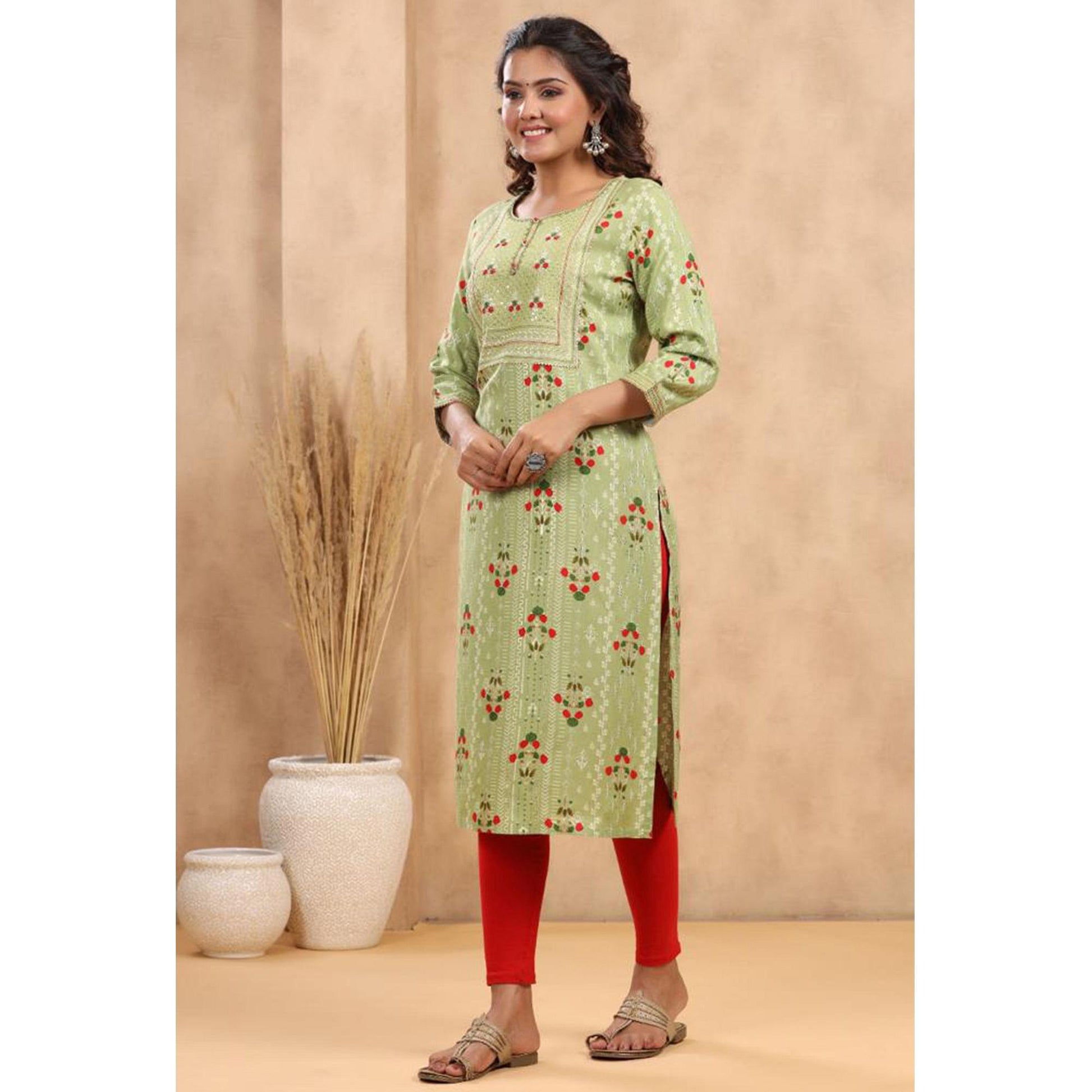 green-casual-wear-floral-print-with-sequence-rayon-kurti-141974