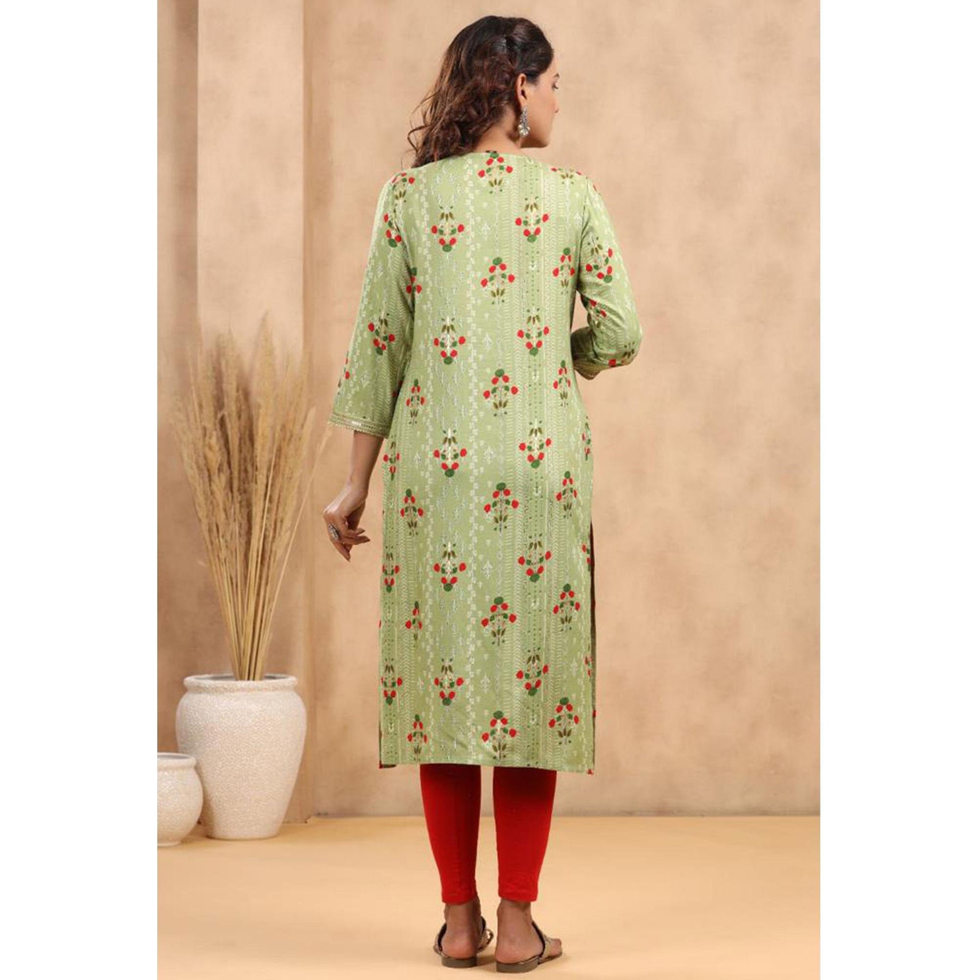 green-casual-wear-floral-print-with-sequence-rayon-kurti-141974