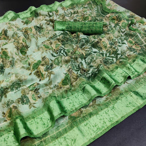 green-festive-wear-floral-print-with-zari-checks-cotton-saree-116005