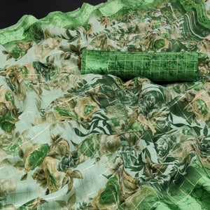 green-festive-wear-floral-print-with-zari-checks-cotton-saree-116005
