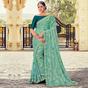 green-casual-wear-floral-printed-brasso-saree-119127