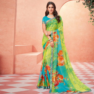green-casual-wear-floral-printed-chiffon-banarsi-saree-with-banarasi-border-138343