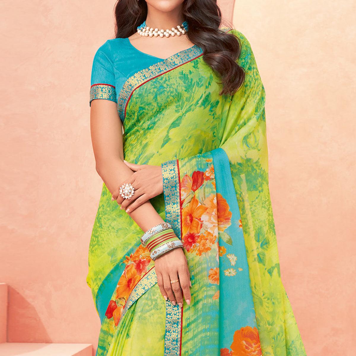 green-casual-wear-floral-printed-chiffon-banarsi-saree-with-banarasi-border-138343